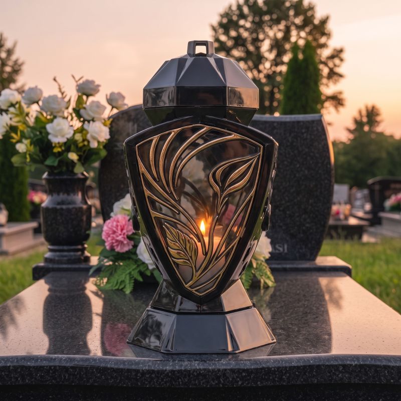 Znicz lampion Wazon czarno-złoty z kalią od frontu, zapalony na nagrobku o zmierzchu