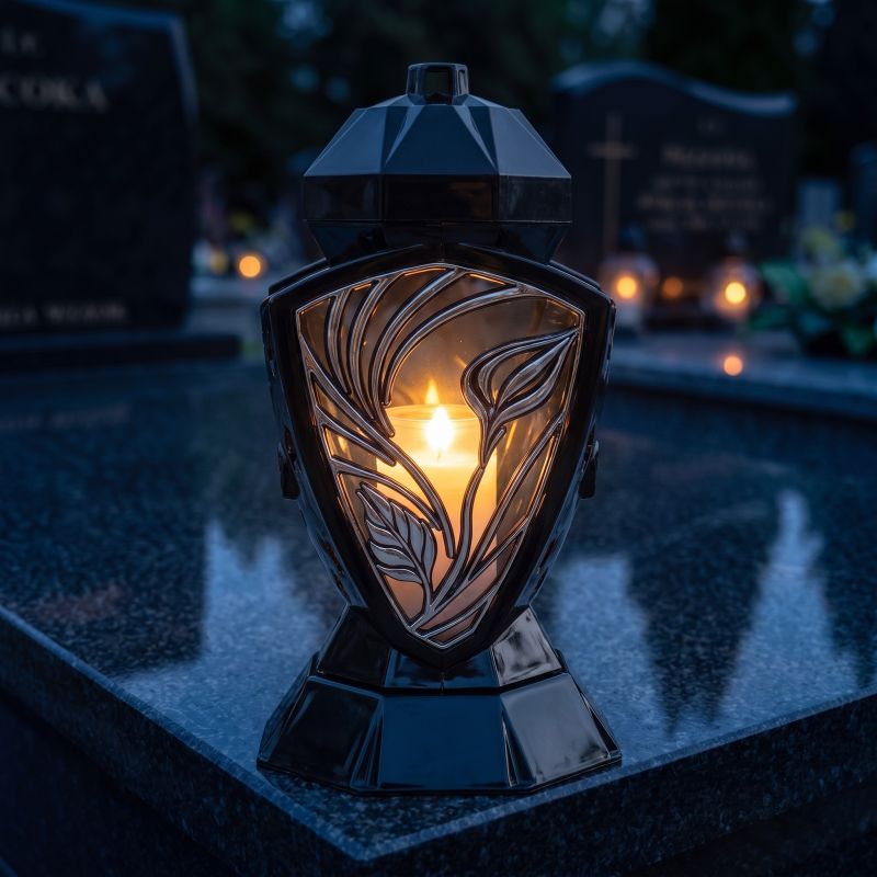 Znicz lampion Wazon czarno-srebrny z kalią zapalony na nagrobku nocą