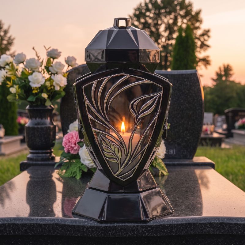 Znicz lampion Wazon czarno-srebrny z kalią od frontu, zapalony na nagrobku o zmierzchu