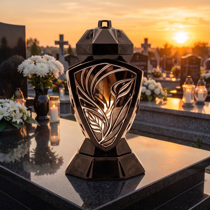 Zapalony znicz lampion Wazon czarno-srebrny z kalią na nagrobku o zachodzie słońca