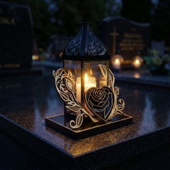 Znicz lampion czarno-złoty zapalony na nagrobku nocą