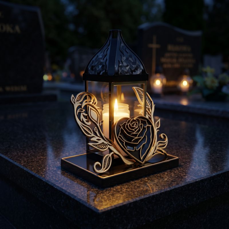 Znicz lampion czarno-złoty zapalony na nagrobku nocą
