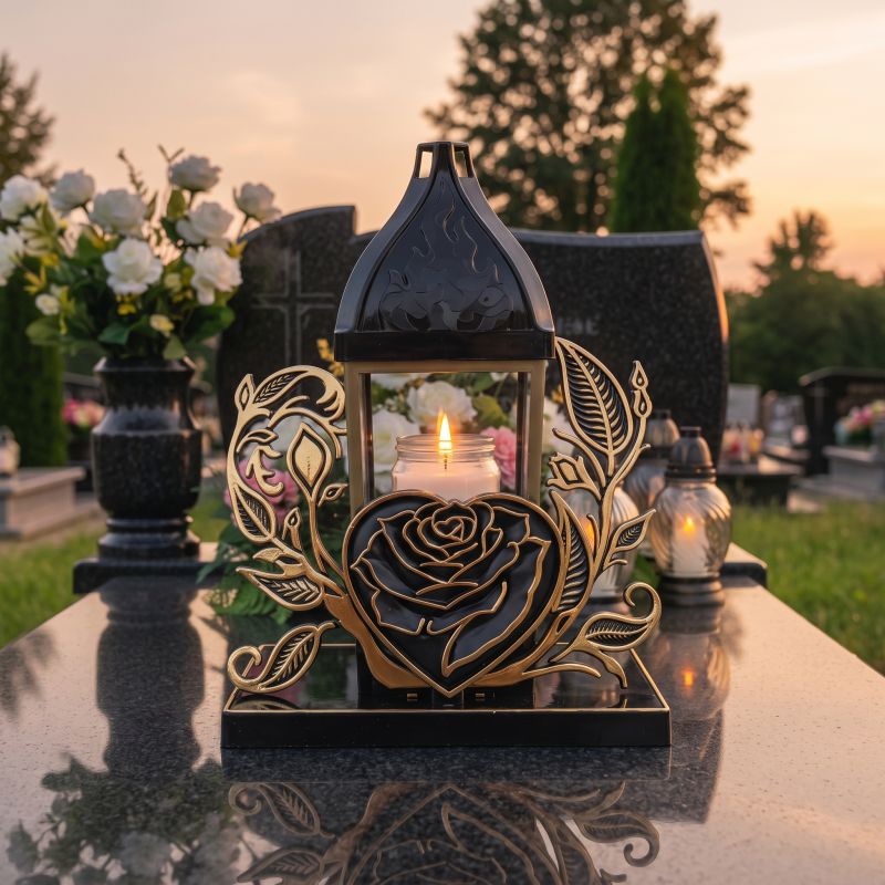 Znicz lampion czarno-złoty od frontu, zapalony na nagrobku o zmierzchu