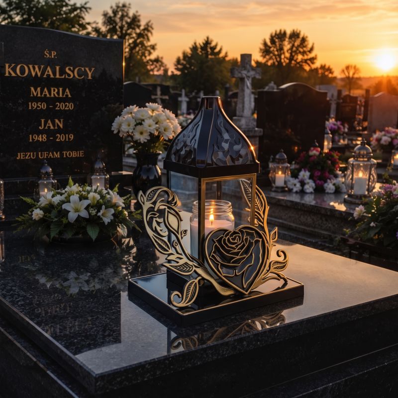 Zapalony znicz lampion czarno-złoty na nagrobku o zachodzie słońca