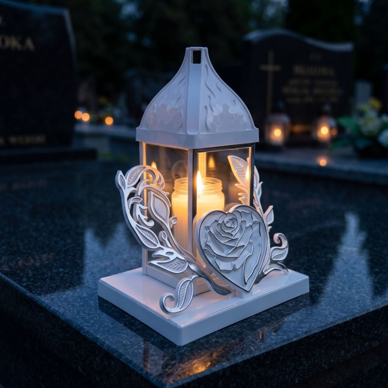 Znicz kapliczka biało-srebrny z różą w sercu zapalony na nagrobku nocą