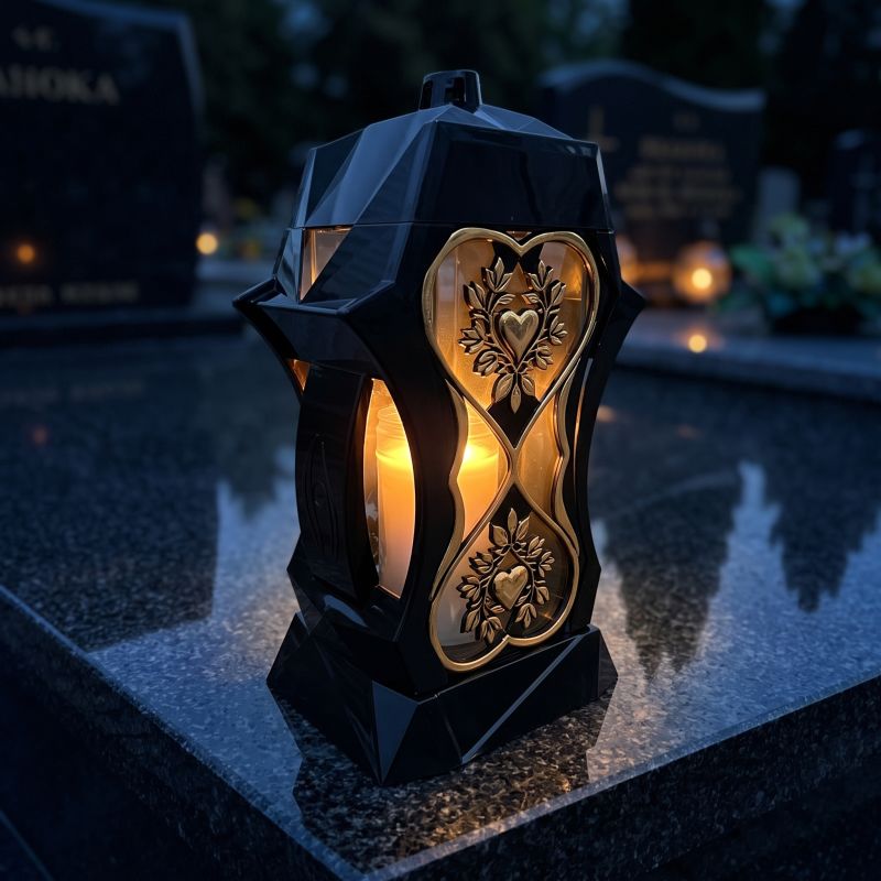 Znicz kapliczka czarno-złoty ze złotymi sercami zapalony na nagrobku nocą