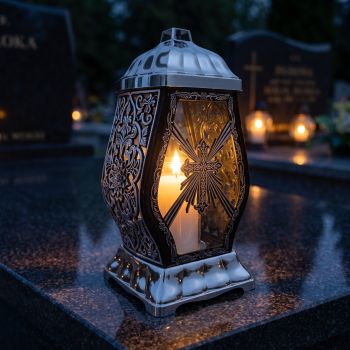 Znicz kapliczka czarno-srebrny z krzyżem zapalony na nagrobku nocą