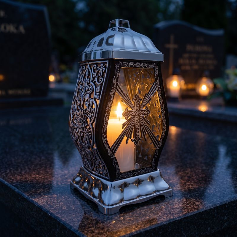 Znicz kapliczka czarno-srebrny z krzyżem zapalony na nagrobku nocą