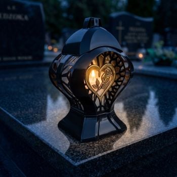 Znicz kapliczka czarno-złoty z różą w sercu zapalony na nagrobku nocą